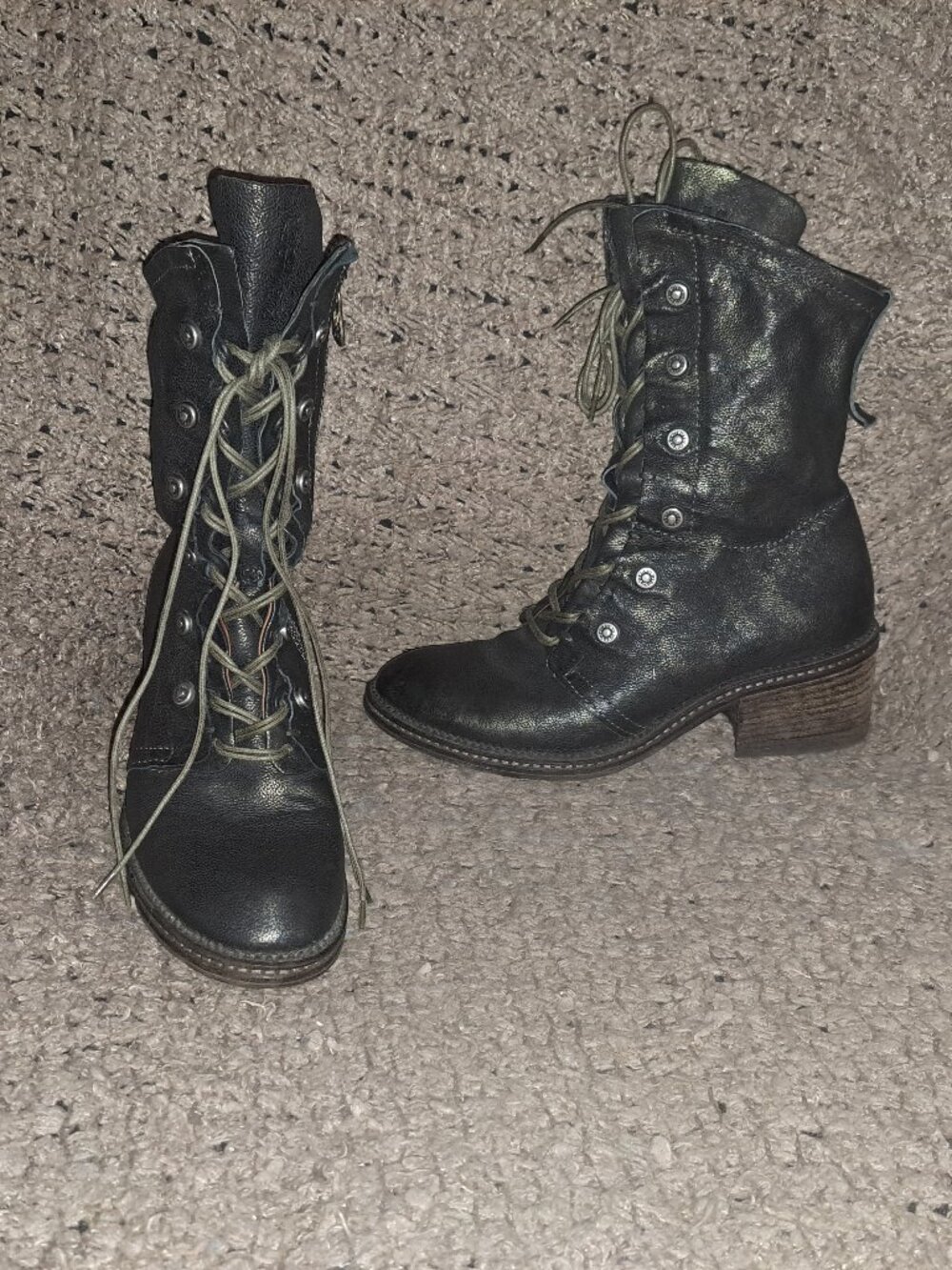 A.S.98-Shimmery Camo Black Leather Studded Boots-Mid Calf-Zip-Sz 39-Near Mint